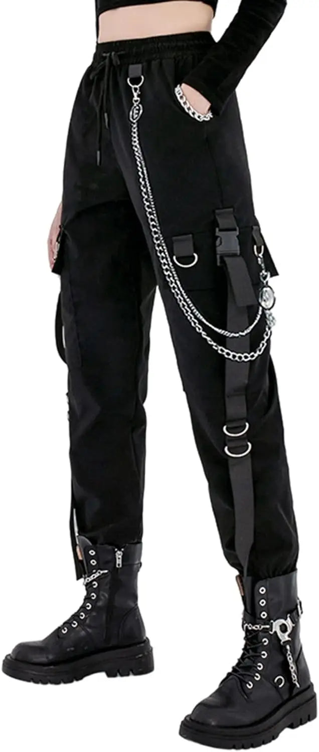 Black Cargo Pants for Women Techwear Female Goth Joggers with Chain Casual Trousers Hip Hop Sweaatpants Loose Street Rock Style