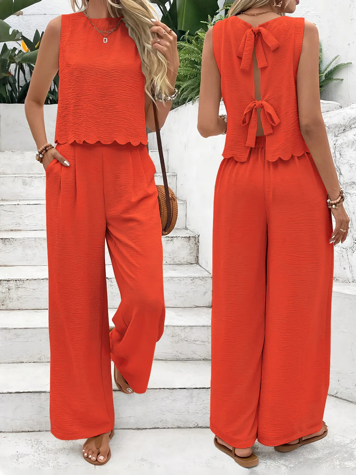 2025 Summer Women's 2-piece Set Solid Color Sleeveless Top Bow Fashion Casual Street Versatile Elastic Waist Trousers Set