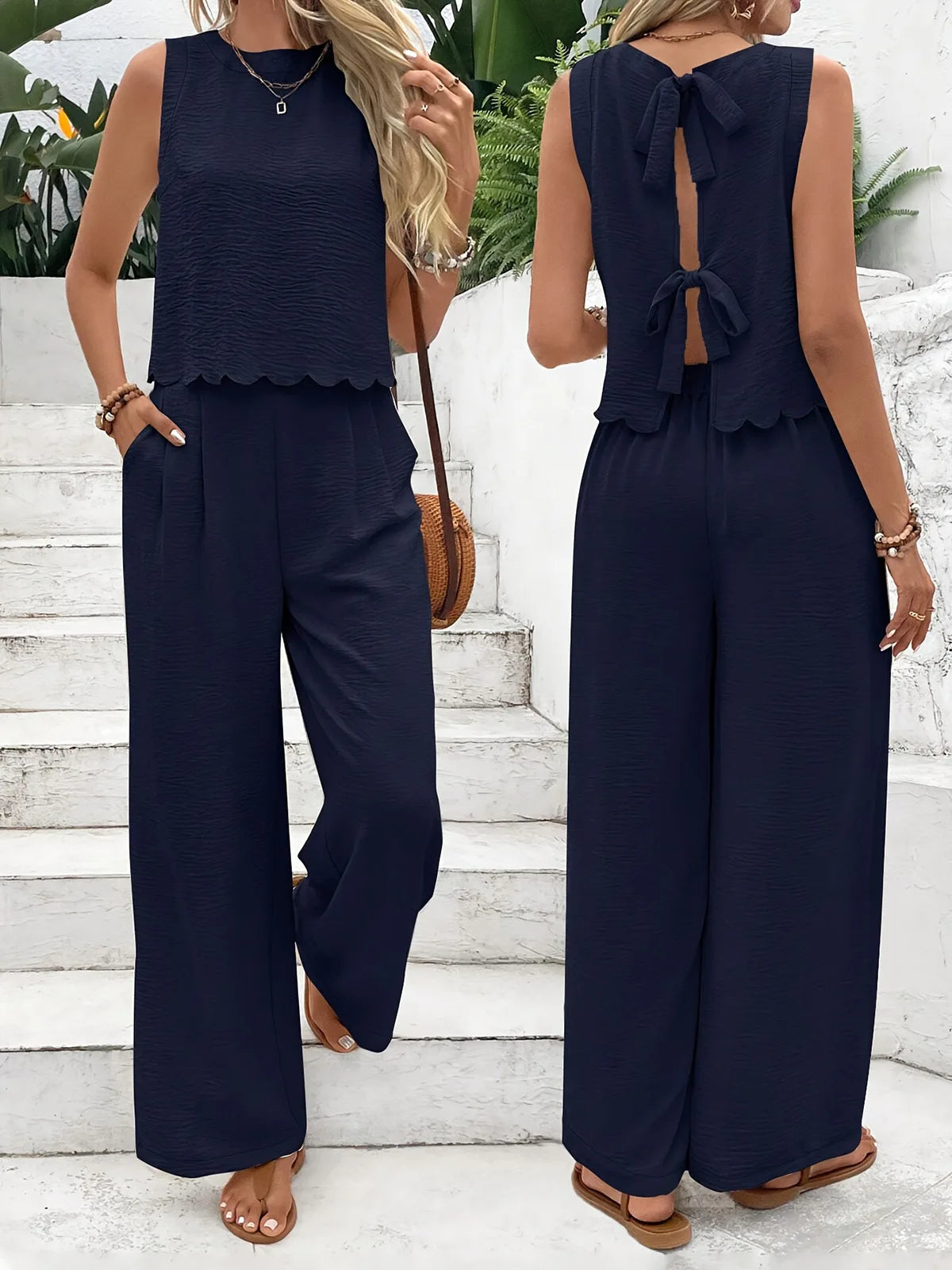 2025 Summer Women's 2-piece Set Solid Color Sleeveless Top Bow Fashion Casual Street Versatile Elastic Waist Trousers Set