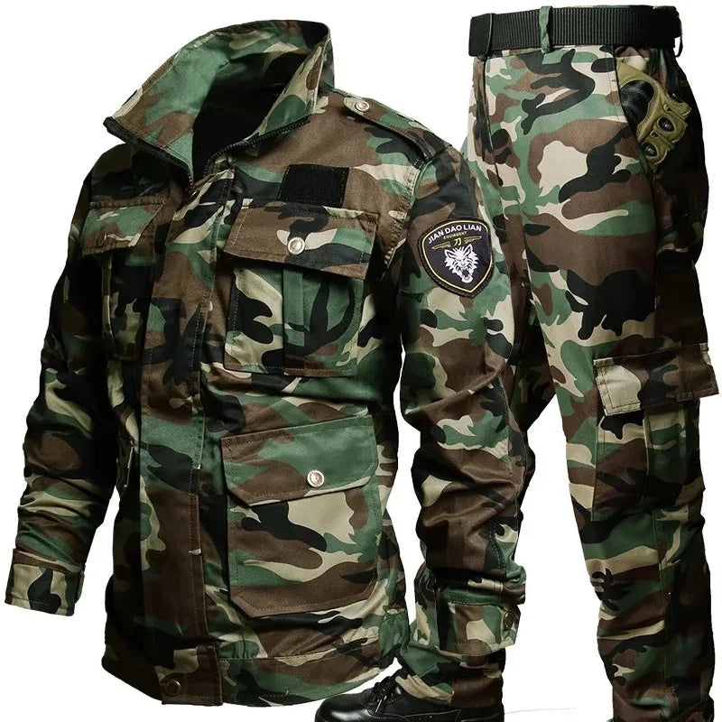Camo Tactical Sets Men Autumn Wear-resistant Jackets+Multi-pocket Cargo Pants 2 Pcs Suits Outdoor Training Fishing Cargo Set