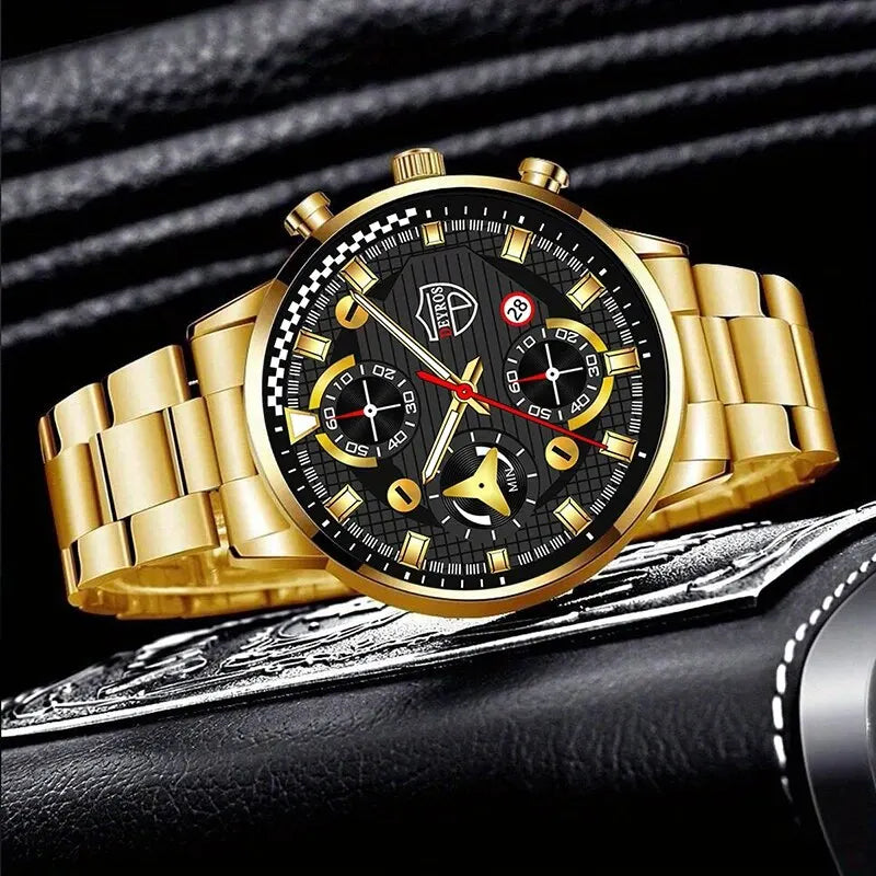 DEYROS 3pcs Set Luxury Mens Watches Fashion Business Quartz Wristwatch Casual Sports Watch Bracelet Necklace