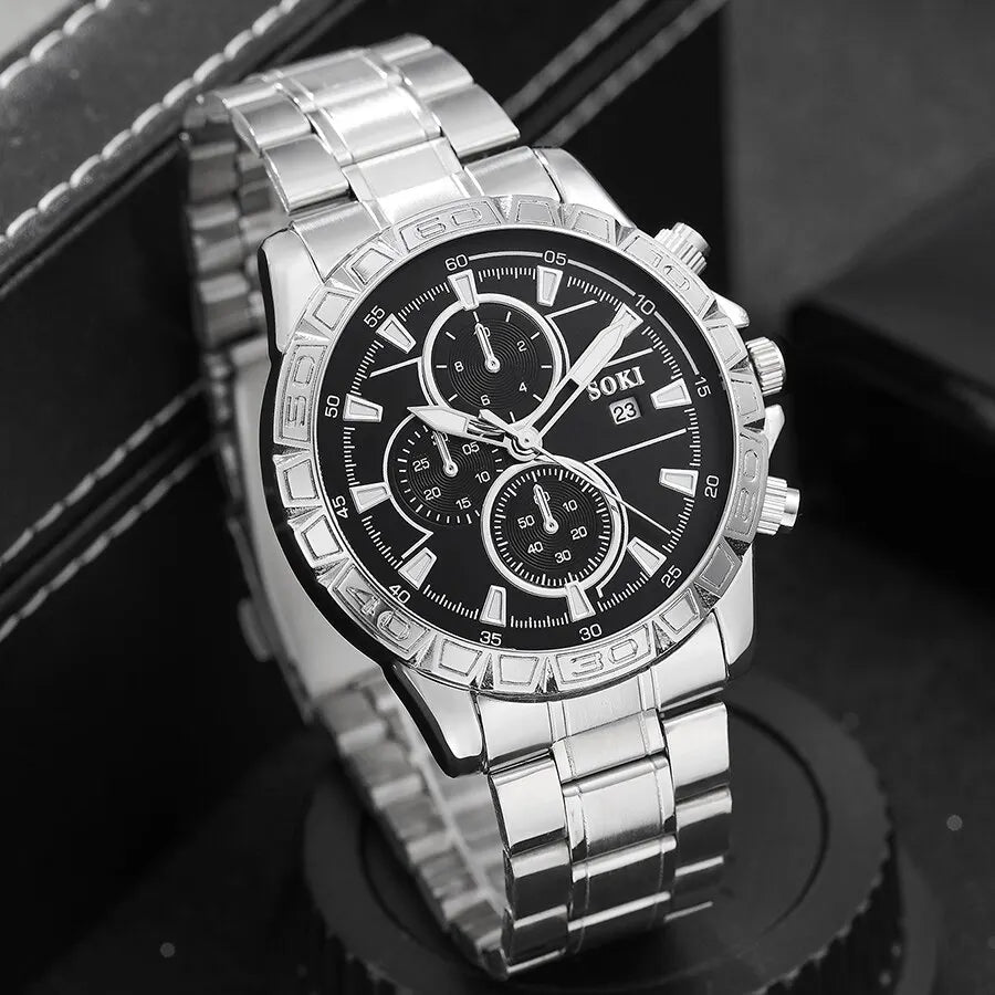 2pcs Men Stainless Steel Strap Sports Business Fashion Casual Round Pointer Calendar Quartz Watches Bracelet
