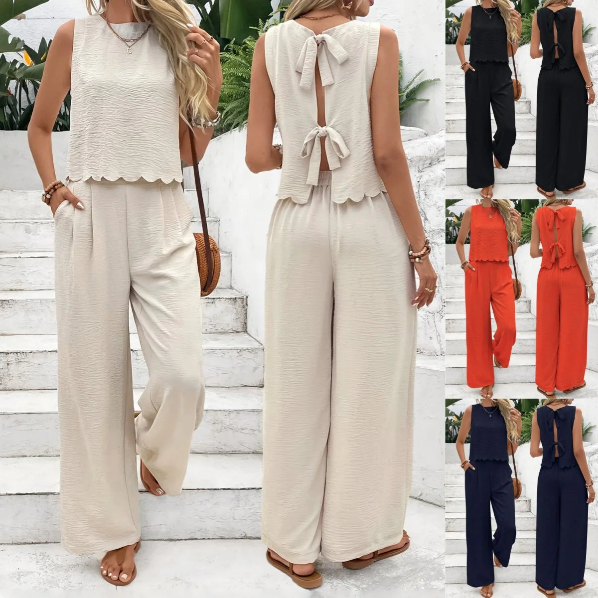 2025 Summer Women's 2-piece Set Solid Color Sleeveless Top Bow Fashion Casual Street Versatile Elastic Waist Trousers Set