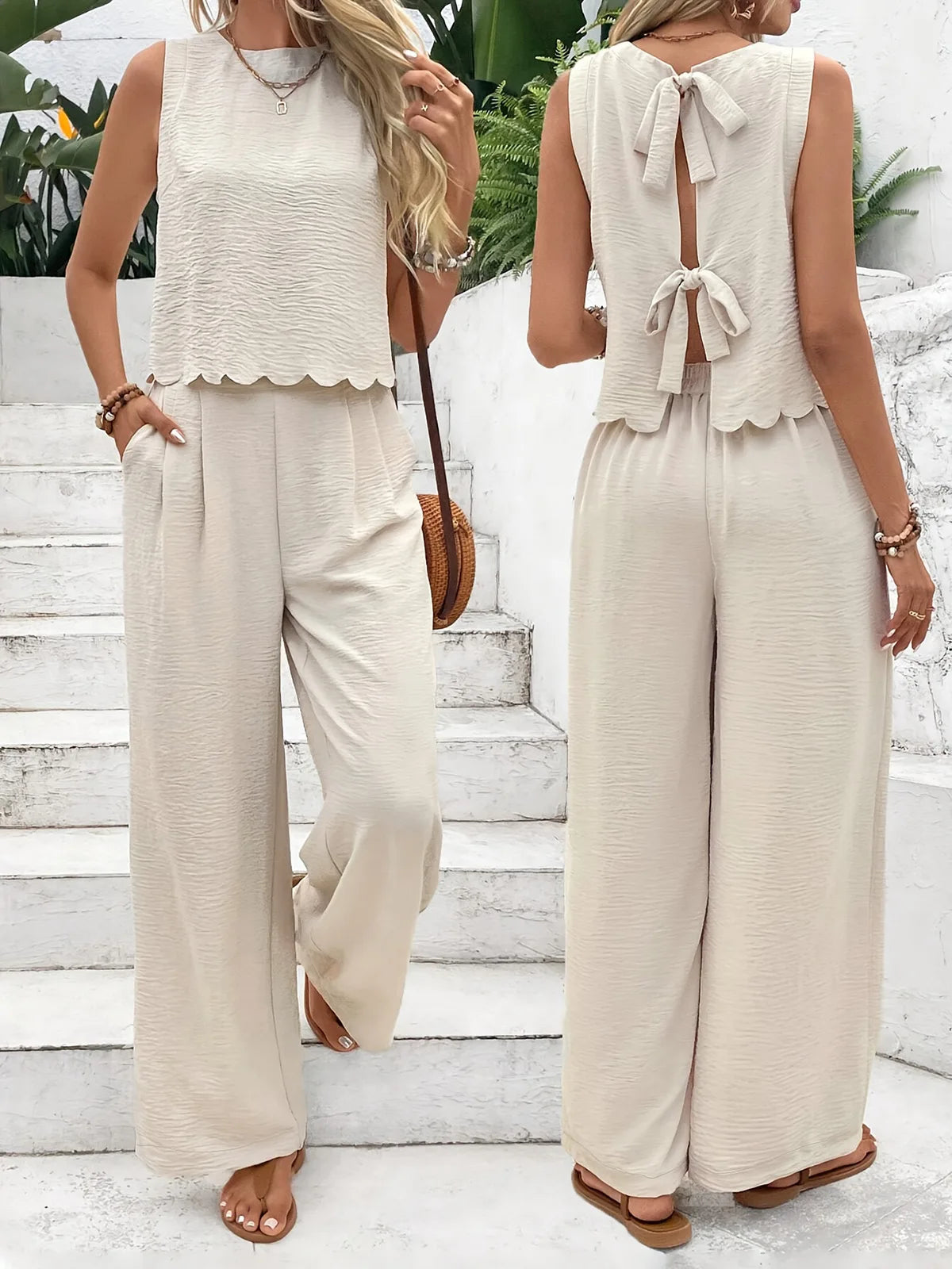 2025 Summer Women's 2-piece Set Solid Color Sleeveless Top Bow Fashion Casual Street Versatile Elastic Waist Trousers Set
