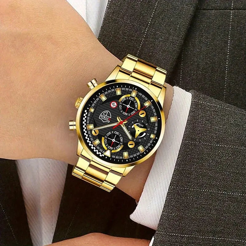 DEYROS 3pcs Set Luxury Mens Watches Fashion Business Quartz Wristwatch Casual Sports Watch Bracelet Necklace