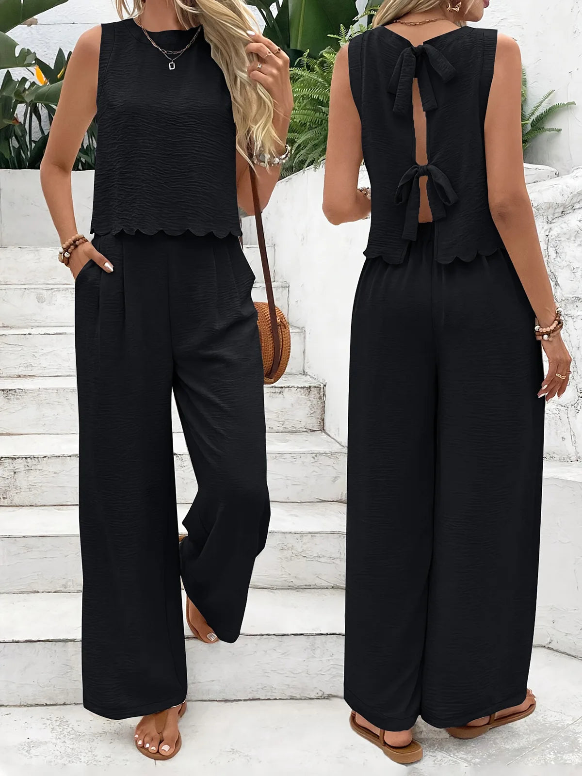 2025 Summer Women's 2-piece Set Solid Color Sleeveless Top Bow Fashion Casual Street Versatile Elastic Waist Trousers Set