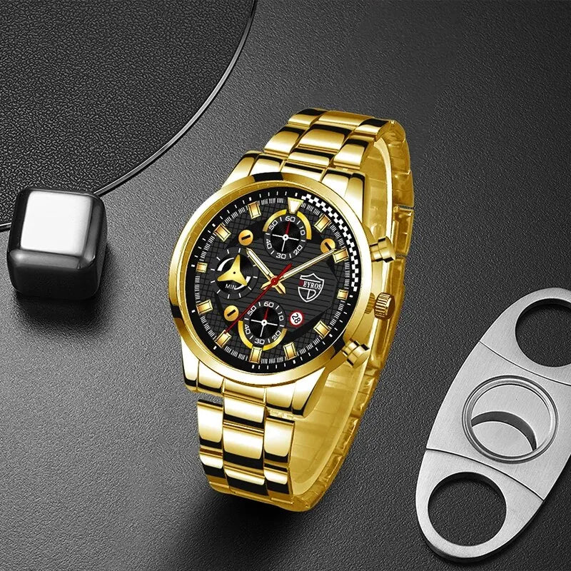 DEYROS 3pcs Set Luxury Mens Watches Fashion Business Quartz Wristwatch Casual Sports Watch Bracelet Necklace