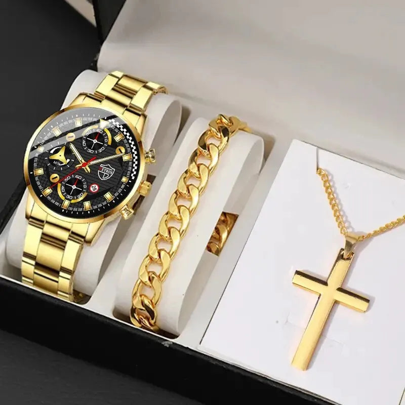 DEYROS 3pcs Set Luxury Mens Watches Fashion Business Quartz Wristwatch Casual Sports Watch Bracelet Necklace