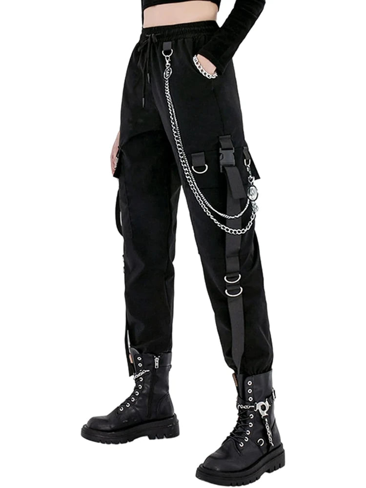 Black Cargo Pants for Women Techwear Female Goth Joggers with Chain Casual Trousers Hip Hop Sweaatpants Loose Street Rock Style