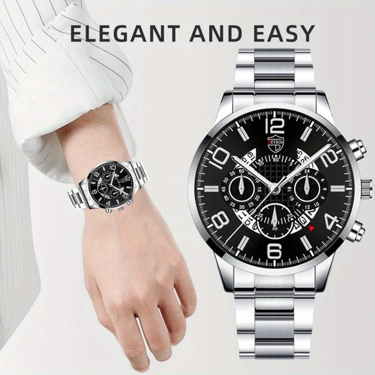 2 Pcs/set Luxury Men's Watch Set Alloy Strap Sports Leisure Men's Wristwatch and Bracelet Is A Perfect Gift for Men