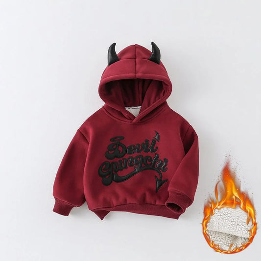 Boys' Thickeneded Sweatshirt Autumn and Winter 2025 New Handsome Kidsren's Velvet Winter Red Hooded Top for Small and Medium-Sized Kidsren