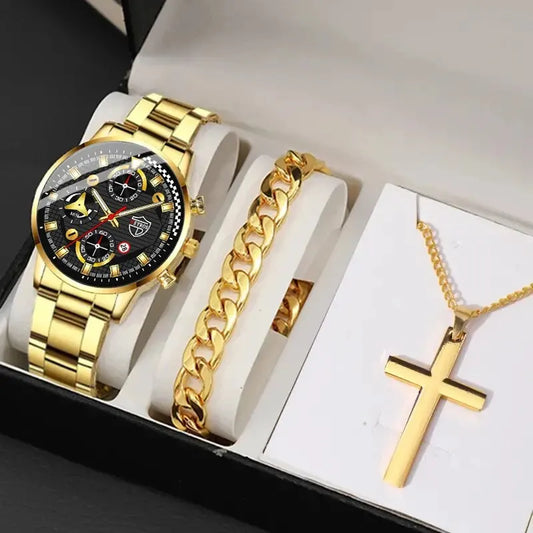 DEYROS 3pcs Set Luxury Mens Watches Fashion Business Quartz Wristwatch Casual Sports Watch Bracelet Necklace