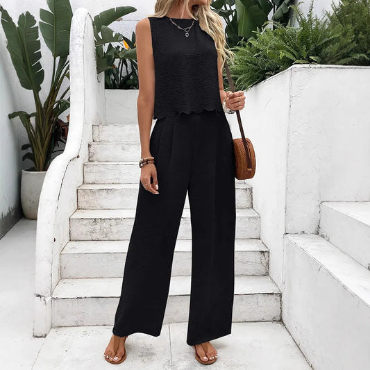 2025 Summer Women's 2-piece Set Solid Color Sleeveless Top Bow Fashion Casual Street Versatile Elastic Waist Trousers Set