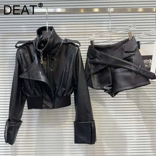 DEAT 2024 Autumn New Fashion Women's PU Leather Zipper Stand-up Collar Short Jacket High Waist Cross Shorts Female 11A0860
