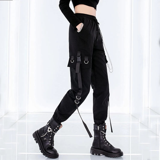 Black Cargo Pants for Women Techwear Female Goth Joggers with Chain Casual Trousers Hip Hop Sweaatpants Loose Street Rock Style