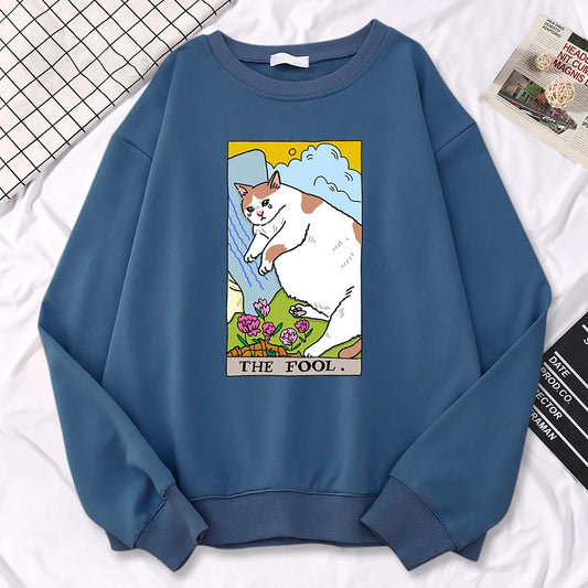 Autumn Sweatshirts For Women The Fool Sad Cat Meme Printing Hoodies Comfortable All-Math Pullovers Crewneck Loose Female Clothes