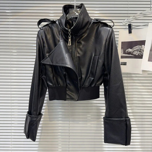DEAT 2024 Autumn New Fashion Women's PU Leather Zipper Stand-up Collar Short Jacket High Waist Cross Shorts Female 11A0860