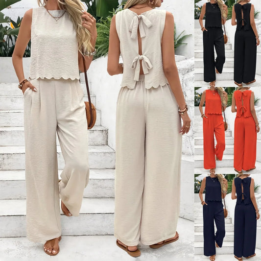 2025 Summer Women's 2-piece Set Solid Color Sleeveless Top Bow Fashion Casual Street Versatile Elastic Waist Trousers Set