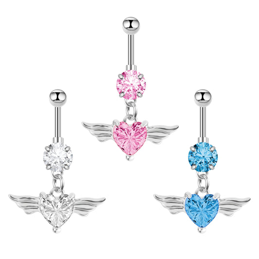 1PC Zircon Angel Wing Brlly Button Ring Heart Navel Piercing Sexy Stainless Steel Bar Belly Dangle Fashion Body Piercing Nombril