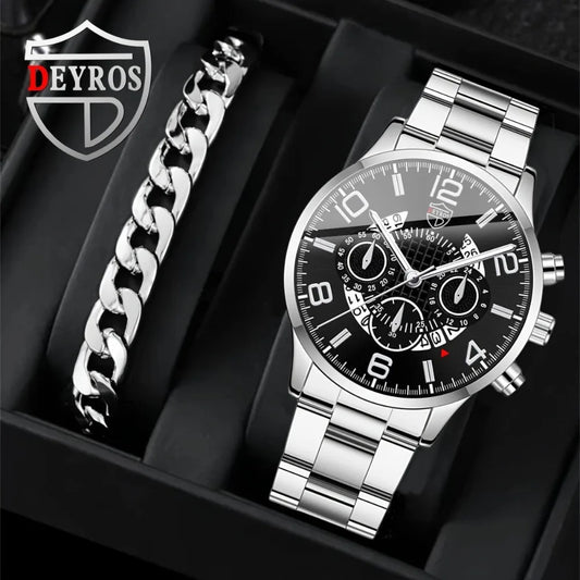 2 Pcs/set Luxury Men's Watch Set Alloy Strap Sports Leisure Men's Wristwatch and Bracelet Is A Perfect Gift for Men