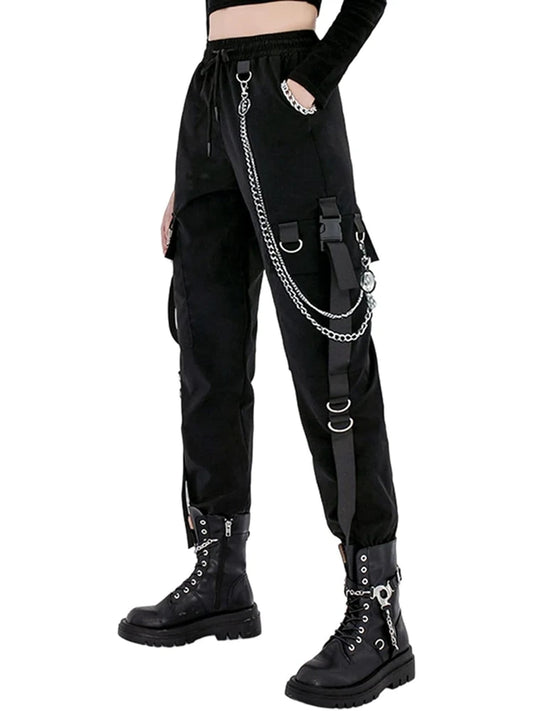 Black Cargo Pants for Women Techwear Female Goth Joggers with Chain Casual Trousers Hip Hop Sweaatpants Loose Street Rock Style
